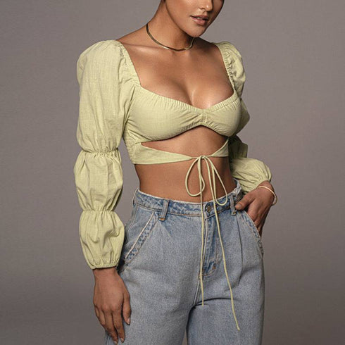 Hollow Puff Sleeve Square Neck Umbilical Strap Top